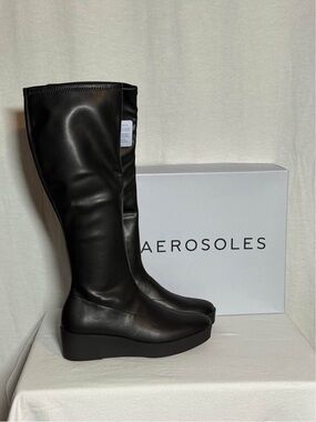 AEROSOLES Black Over-the-Knee Wedge Boots